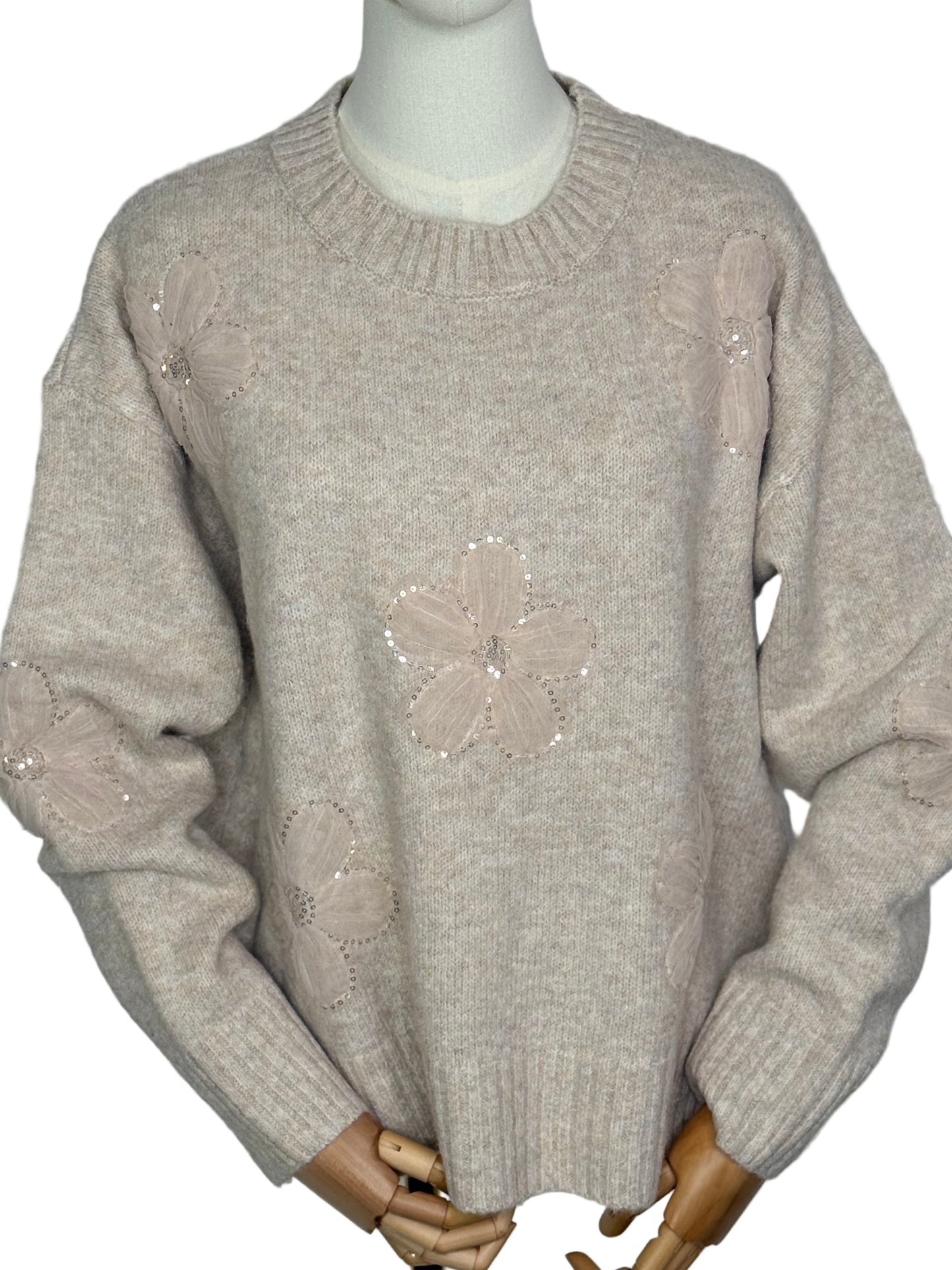Sienna Sequin Flower Jumper Beige